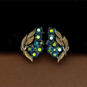 Vintage Elven Leaves Rainbow Rhinestones Clip On Earrings by Coro - U28